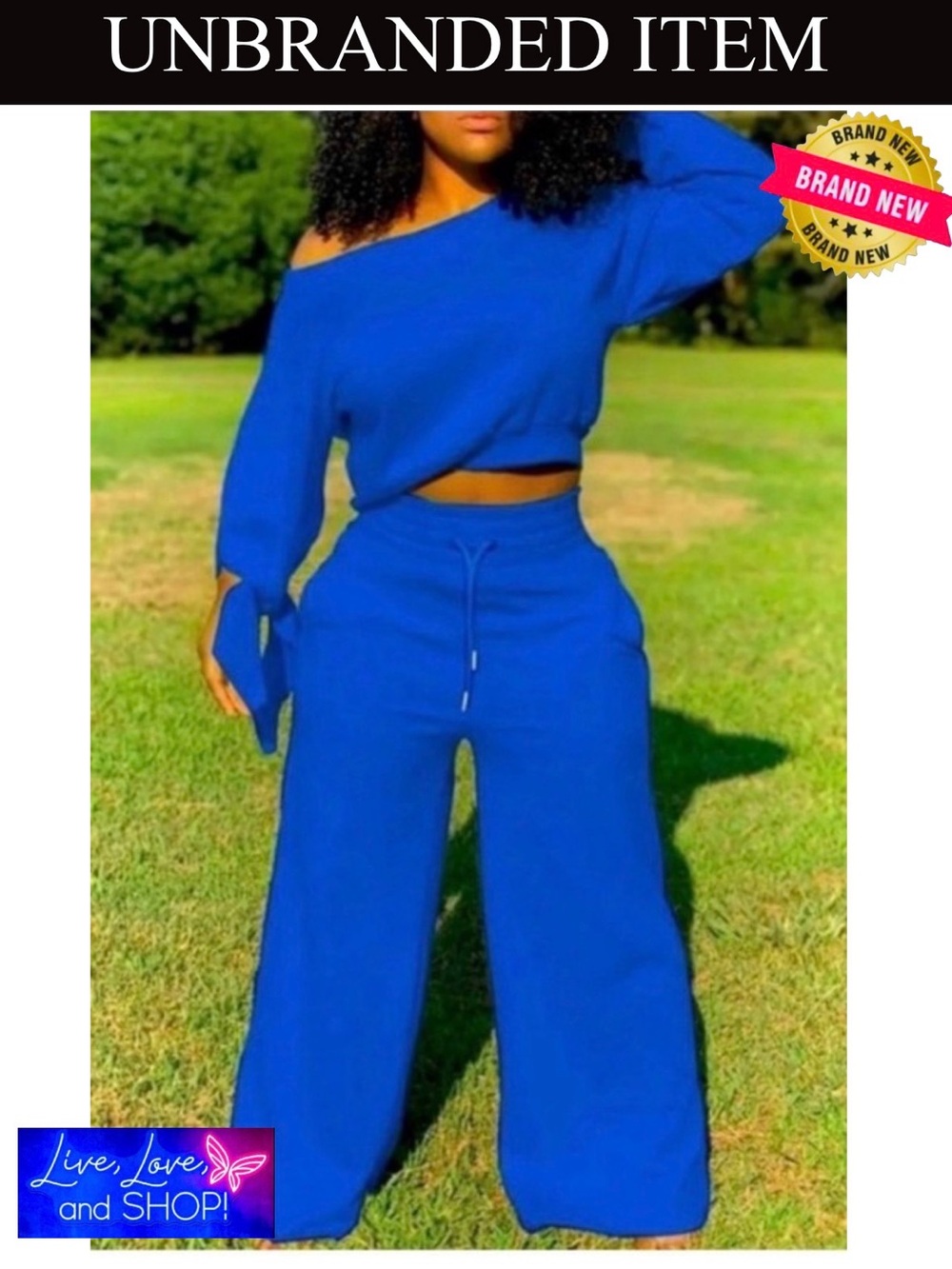 SWEATSUIT: Blue Slanted Shoulder Long Sleeve Top w/Drawstring Pants, NWOT